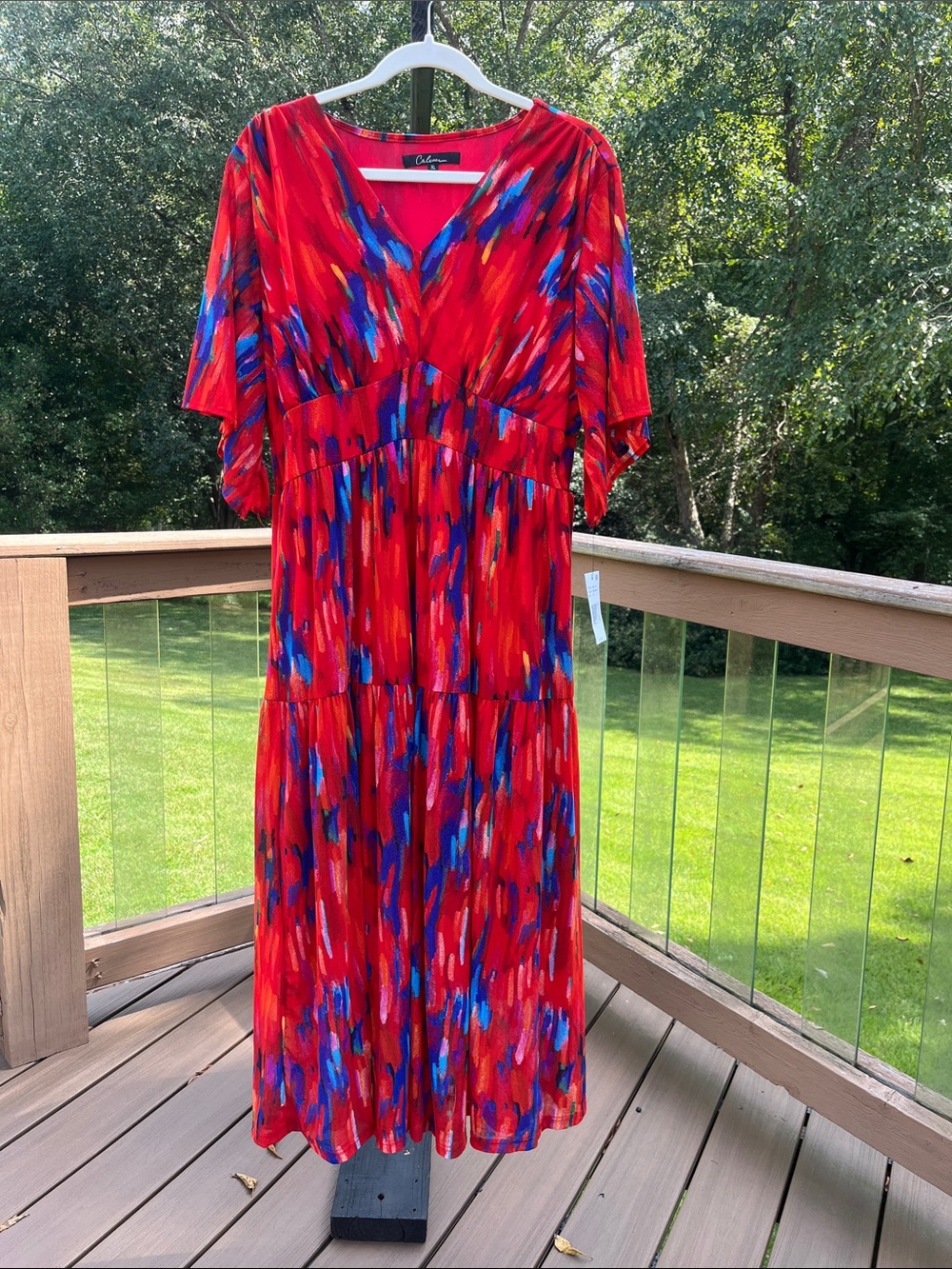 Red V-Neck Midi Dress with Blue & Purple Print